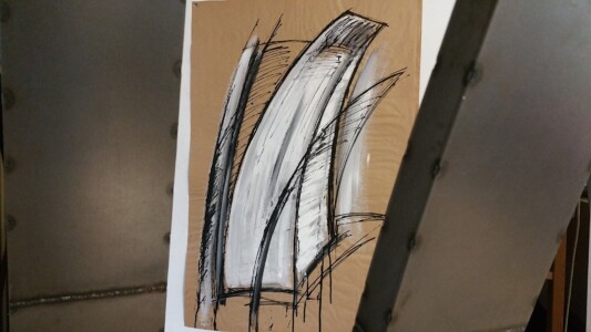 Colorierte Skizze einer zufünfigen Stahlkulptur